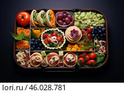 Bento box offering variety of colorful and delicious food. Стоковое AI-изображение, AI-художник Иван Рябоконь / Фотобанк Лори