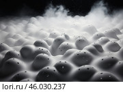Futuristic or abstract texture resembling soft white hills or bubbles covered with small holes. A light fog is visible in the background, which creates an atmosphere of mystery and intrigue. Such a surface can be associated with a biological structure, an alien landscape or a technological material. Стоковое AI-изображение, AI-художник Анна Кривицкая / Фотобанк Лори