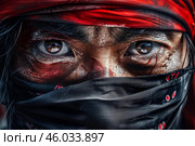 Warrior wearing red headband and black mask starring intensely. Стоковое AI-изображение, AI-художник Иван Рябоконь / Фотобанк Лори