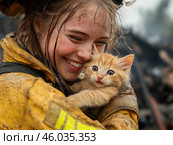 Улыбающаяся женщина-пожарный держит на руках маленького котенка, спасенного из огня. Стоковое AI-изображение, AI-художник Ярославский Максим / Фотобанк Лори