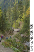 Vertical video: People hiking along a trail in the beautiful mountains of the Caucasus, surrounded by autumn landscapes. Вертикальное видео: Люди прогуливаются по туристической тропе, проложенной в горах Кавказа. Осенний пейзаж. Редакционное видео, видеограф Валерий Тесаков / Фотобанк Лори