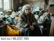 An elderly woman sits in a cluttered room filled with excessive items, illustrating compulsive hoarding and emotional isolation. Стоковое AI-изображение, AI-художник Башкирова Анна / Фотобанк Лори