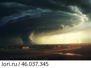 Supercell storm generating tornadoes and lightning over rural town. Стоковое AI-изображение, AI-художник Иван Рябоконь / Фотобанк Лори