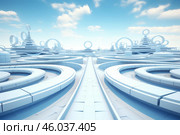 Futuristic cityscape with circular structures and pathway leading to distant buildings. Стоковое AI-изображение, AI-художник Иван Рябоконь / Фотобанк Лори