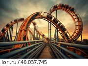 Rollercoaster track loops during golden hour at amusement park. Стоковое AI-изображение, AI-художник Иван Рябоконь / Фотобанк Лори