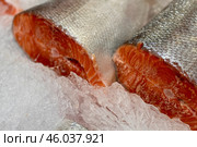 Raw steaks of fresh trout lie on shallow ice at the seafood market. An open shelf at the fish market. Стоковое фото, фотограф worker / Фотобанк Лори