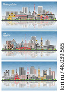 Perm, Kursk and Petrozavodsk Russia city skyline set with color buildings, blue sky and reflections. Стоковая иллюстрация, иллюстратор Игорь Сорокин / Фотобанк Лори