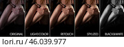 Perfect woman legs model before and after retouching with photo editors. Collage set pictures before and after skin processing in photo editor. Edited photos being compared concept. Copy ad text space. Стоковое фото, фотограф Aleksandr Golubev / Фотобанк Лори