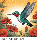 Hummingbird collects pollen in the most beautiful flower illuminated by the sun. Стоковое AI-изображение, AI-художник Александра Рублева / Фотобанк Лори