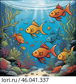 A green beautiful planted tropical freshwater aquarium with fishes.Freshwater aquarium fish, The Sail-fin molly, (Poecilia velifera ), gold, white, silver and dalmatin mutation. Стоковое AI-изображение, AI-художник Александра Рублева / Фотобанк Лори