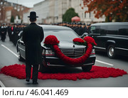 A quiet funeral procession with a black hearse in the background, adorned with a wreath of red flowers, emphasizing the contrast between sadness and beauty. Стоковое AI-изображение, AI-художник Ирина Старикова / Фотобанк Лори