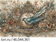 An elegant watercolour composition of a tit or similar bird emerging from a complex, detailed pattern of swirls, flowers and antique decorative elements. In the centre of the painting is a clock, symbolising the time that the bird seems to overcome in its flight. The colour scheme is done in soft pastel shades, with a predominance of golden brown, blue and cream tones. The image is reminiscent of the Victorian art style with Baroque elements, where every detail is carefully drawn, creating a sense of living magic. Стоковое AI-изображение, AI-художник Анна Кривицкая / Фотобанк Лори
