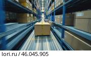 Cardboard boxes speeding on a conveyor belt in a bustling warehouse. Packages Move on a Conveyor Belt. Logistics and transportation background. Product distribution center. Moving image. Export, cargo. Стоковое AI-видео, аниматор Марина Демидюк / Фотобанк Лори