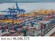 Vladivostok, Russia - August 9, 2021: Cargo cranes loading colorful containers in the port of vladivostok, russia, with the zolotoy rog bridge in the background. Редакционное фото, фотограф Mikhail Davidovich / Фотобанк Лори