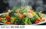 Hot steaming grilled vegetables, carrot, green bean, broccoli, pepper. Serving a white plate on wooden table desk, black wall background. Boiled food healthy meal concept. Ratatouille with smoke steam. Стоковое AI-видео, аниматор Марина Демидюк / Фотобанк Лори