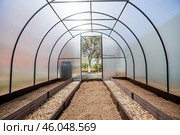 A new greenhouse made of polyethylene and polycarbonate with new beds made of Wood-polymer composite. Preparing for the spring garden season. Installation of a greenhouse in a suburban area. Стоковое фото, фотограф Photojuli / Фотобанк Лори