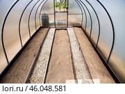A new greenhouse made of polyethylene and polycarbonate with new beds made of Wood-polymer composite. Preparing for the spring garden season. Installation of a greenhouse in a suburban area. Стоковое фото, фотограф Photojuli / Фотобанк Лори