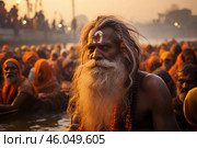 Sadhu bathing in the ganges river during kumbh mela in india. Стоковое AI-изображение, AI-художник Иван Рябоконь / Фотобанк Лори