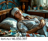 Девушка, больная гриппом, лежит в постели. Стоковое AI-изображение, AI-художник Руслан Лесков / Фотобанк Лори