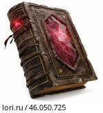 Ancient magic book with glowing crystal emitting energy and red light. Стоковое AI-изображение, AI-художник Иван Рябоконь / Фотобанк Лори