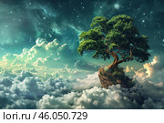 Lonely tree growing on a rock floating in the cloudscape under starry sky. Стоковое AI-изображение, AI-художник Иван Рябоконь / Фотобанк Лори