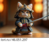 Кот-Самурай в мини-доспехах. Стоковое AI-изображение, AI-художник Дмитрий Давыдов / Фотобанк Лори