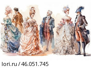 Elegantly dressed men and women in 18th century clothing. They are presented in sophisticated outfits typical of the Rococo era - the ladies in lush dresses with lace, corsets and decorated headdresses, and the men in richly decorated frock coats, camisoles and cocked hats. The entire scene is done in watercolor, conveying the lightness and grace of the era. The color palette is soft, with a predominance of pastel shades. The heroes look refined, their poses are natural, and their facial expressions are calm and noble. The painting conveys the atmosphere of aristocratic society, balls and social gatherings. 18th century. Стоковое AI-изображение, AI-художник Анна Кривицкая / Фотобанк Лори