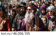 Jewish holiday of Purim, community of elderly respectable Jewish seniors, street costume masquerade, national procession. Стоковое AI-изображение, AI-художник Светлана Леуто / Фотобанк Лори