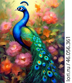 Peacock, or Indian peafowl (Pavo cristatus) is a genus of large birds of the pheasant family of the order Galliformes. Characterized by a small head with areas of bare skin on the sides, a long neck. Males are distinguished by a bright green, metallic-sheen and "eye" patterned train formed by long (up to 140-160 cm), wide and spread feathers of the upper tail, which the mating bird raises vertically and spreads like a fan. Стоковое AI-изображение, AI-художник Сергей Елизарьев / Фотобанк Лори