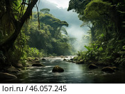 Lush tropical rainforest river flowing through dense vegetation. Стоковое AI-изображение, AI-художник Иван Рябоконь / Фотобанк Лори