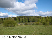 Пейзаж с рекой и лесом весенним солнечным днем. Стоковое фото, фотограф Елена Коромыслова / Фотобанк Лори