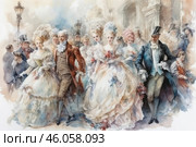 An elegant scene from the Rococo or late Baroque period. A group of aristocrats in luxurious attire walks down the street in front of a majestic building. Women in lush dresses decorated with ruffles, lace and flowers are accompanied by men in exquisite tailcoats, top hats and jabots. The painting conveys an atmosphere of celebration, solemnity and socializing, executed in a delicate watercolor technique with soft pastel shades. Стоковое AI-изображение, AI-художник Анна Кривицкая / Фотобанк Лори