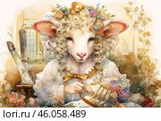 In watercolor technique and combines elements of fantasy and baroque aesthetics. In the center of the composition is an anthropomorphic lamb with delicate facial features, large ears and expressive blue eyes. Its curly fur resembles a lush 18th century wig hairstyle, decorated with flowers and ribbons. It is dressed in an outfit with lace and gold details, which gives the image an aristocratic look. In its hands, the lamb holds a golden lyre, hinting at artistry and musicality. In the background, a window with curved lines is visible, and next to it stands a sword, which adds mystery to the image. There are many flowers and plant motifs around, creating an atmosphere of romance and fairytale. Стоковое AI-изображение, AI-художник Анна Кривицкая / Фотобанк Лори