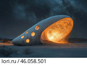 A futuristic building or structure in the shape of an organic object, reminiscent of a shell or an alien cocoon. It is located in a sandy desert under a starry night sky. The interior space glows with bright golden light that comes out through round windows, creating the effect of a living, breathing structure. The outer surface has a stone or metal texture, and the design itself looks like a combination of biomimetic architecture and science fiction. The atmosphere of the image is mysterious, cosmic and inspiring. Стоковое AI-изображение, AI-художник Анна Кривицкая / Фотобанк Лори