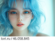 Portrait of a girl with an unusual appearance. She has sky-blue hair, smoothly falling in soft waves, and large expressive blue eyes, emphasized by delicate makeup. The girl wears round glasses in a thin metal frame, which gives her image an intellectual and mysterious look. Her lips are slightly parted and painted in a soft peach shade. The background is light and blurred, creating an airy, almost fantastic atmosphere. The image is made in the style of hyperrealism or photo manipulation, with an emphasis on idealized beauty and aesthetics. Стоковое AI-изображение, AI-художник Анна Кривицкая / Фотобанк Лори