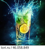 A vibrant and dynamic photograph (or digital illustration) depicts a glass of refreshing drink with a slice of lime and mint leaves dipped into it. At the moment of shooting, the liquid inside the glass bubbled, creating the effect of splashes and splashes. The background is made in deep shades of blue, green and turquoise, which emphasizes the refreshing and cool atmosphere of the image. Light effects and the play of glare on the water create a feeling of energy and freshness. The composition is ideal for advertising cocktails, summer drinks or healthy lifestyle concepts. Стоковое AI-изображение, AI-художник Анна Кривицкая / Фотобанк Лори