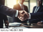Business people shaking hands during a meeting in the office. Стоковое AI-изображение, AI-художник Иван Рябоконь / Фотобанк Лори