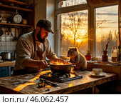 Сидим с бобром за столом, готовим. Сюрреализм. Стоковое AI-изображение, AI-художник Руслан Лесков / Фотобанк Лори