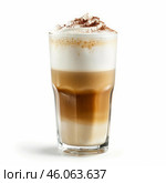 Latte macchiato coffee with whipped cream and cocoa powder in a tall glass. Стоковое AI-изображение, AI-художник Иван Рябоконь / Фотобанк Лори
