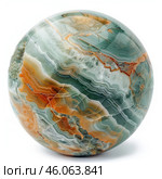 Polished caryatid green onyx sphere showing concentric bands of chalcedony on white background. Стоковое AI-изображение, AI-художник Иван Рябоконь / Фотобанк Лори