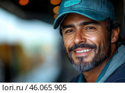 Middle aged friendly Latin man lorry driver with warm smile and baseball cap. Стоковое AI-изображение, AI-художник Владимир Григорьев / Фотобанк Лори
