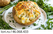 Twice baked potato sprinkled with fresh parsley sitting on white plate. Стоковое AI-изображение, AI-художник Юрий Поздников / Фотобанк Лори