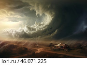 Supercell storm forming over rural houses, dramatic weather. Стоковое AI-изображение, AI-художник Иван Рябоконь / Фотобанк Лори