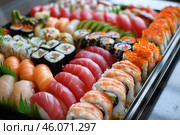Delicious variety of sushi displayed on serving tray enticing food lovers. Стоковое AI-изображение, AI-художник Иван Рябоконь / Фотобанк Лори