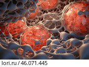 Fat cells growing and accumulating in the body, forming adipose tissue. Стоковое AI-изображение, AI-художник Иван Рябоконь / Фотобанк Лори
