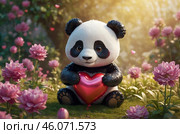 Charming panda chibi with huge sparkling eyes, clutching a heart-shaped balloon against the background of a bright flower garden, radiating joy. Стоковое AI-изображение, AI-художник Александр Поташев / Фотобанк Лори