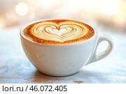 Frothing cappuccino with heart latte art in a white cup. AI generated. Стоковое AI-изображение, AI-художник Ольга Губская / Фотобанк Лори