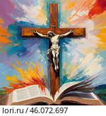 The artwork features a crucifixion scene with Christ on the cross, surrounded by a colorful explosion representing resurrection. Generative AI. Стоковое AI-изображение, AI-художник Юлия Петровская / Фотобанк Лори