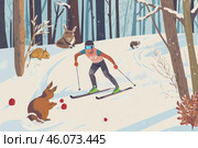 Зимний лыжник в лесу среди лесных животных и снежного покрова. Стоковое AI-изображение, AI-художник Сергей Никифоров-Гордеев / Фотобанк Лори