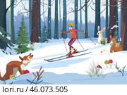 Лыжник в зимнем лесу, окруженный лесными зверями и яркими грибами. Стоковое AI-изображение, AI-художник Сергей Никифоров-Гордеев / Фотобанк Лори